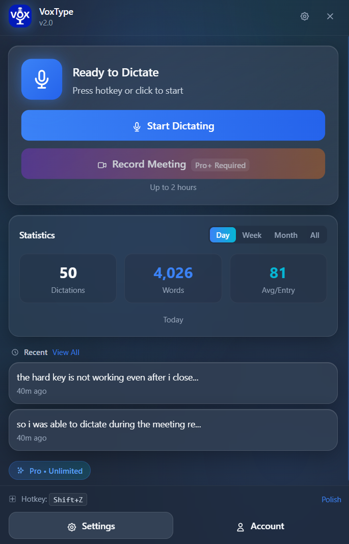 VoxType Desktop with Record Meeting Button